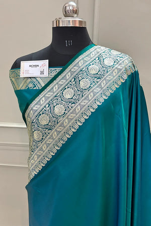 Teal Royal Plain Katan Silk Banarasi Saree