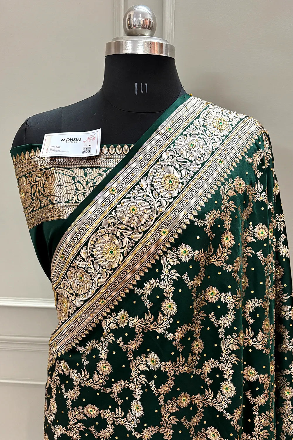 Bottle Green Moglai Jaal Stone Work Katan Banarasi Saree
