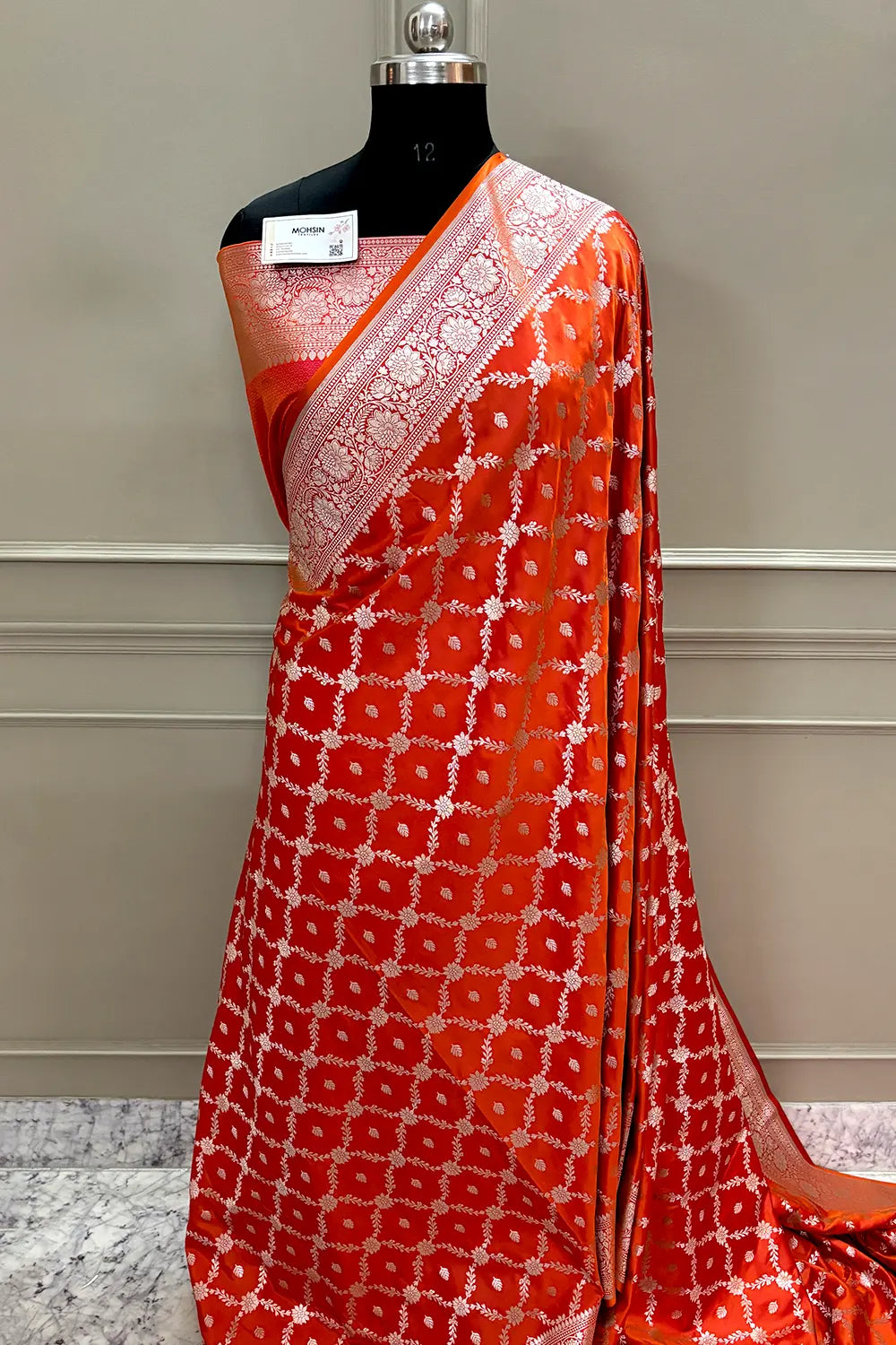 Orange Qaidi Buti Katan Silk Banarasi Saree