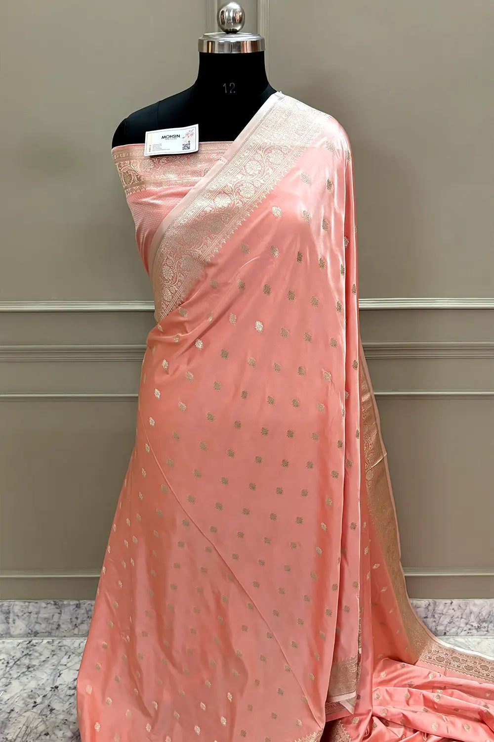 Peachy Pink Flying Buti Katan Silk Banarasi Saree