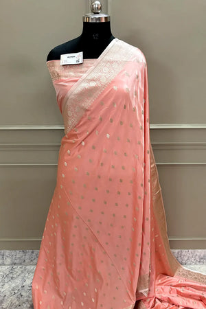 Peachy Pink Flying Buti Katan Silk Banarasi Saree