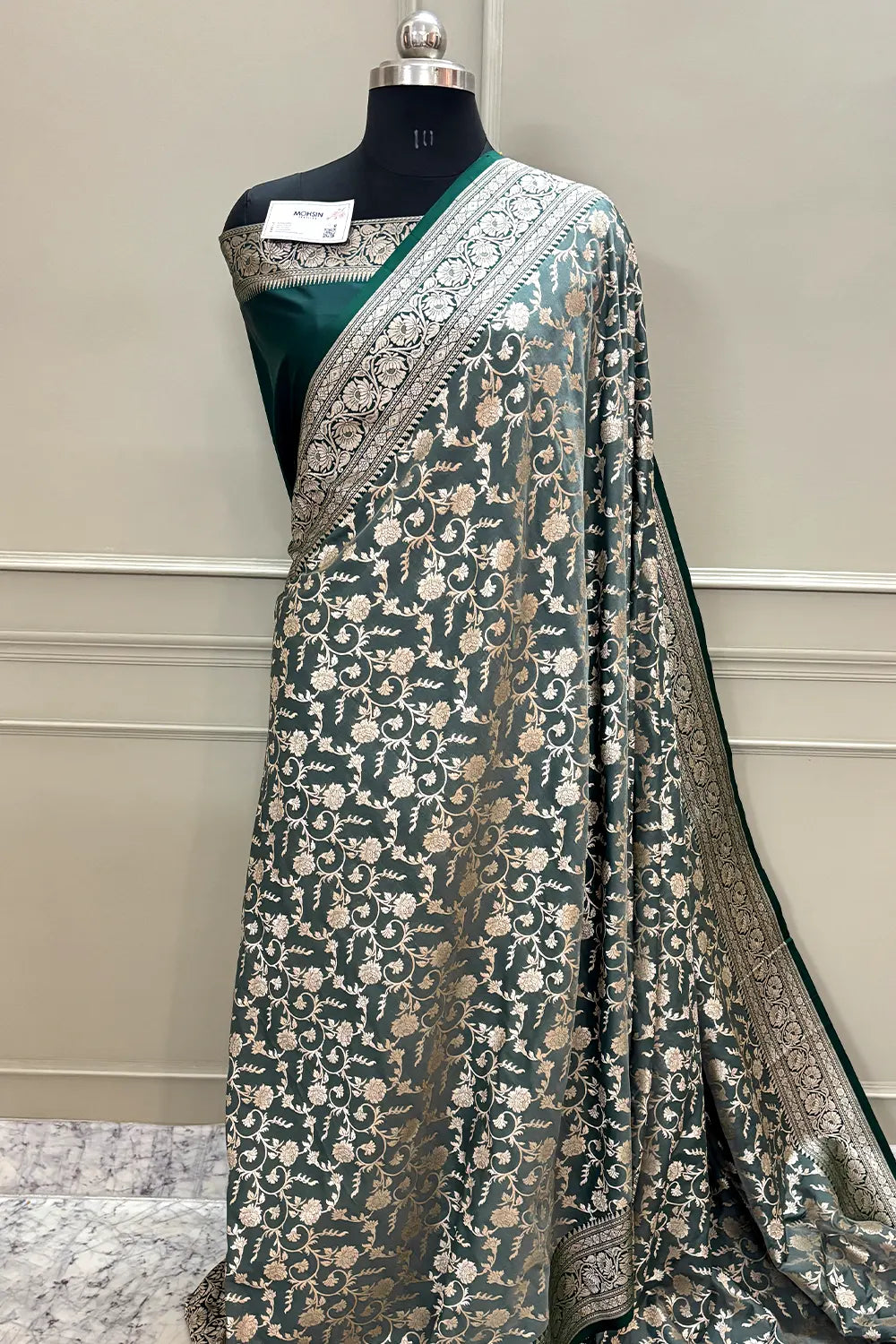 Teal Gulabi Jaal Katan Silk Banarasi Saree