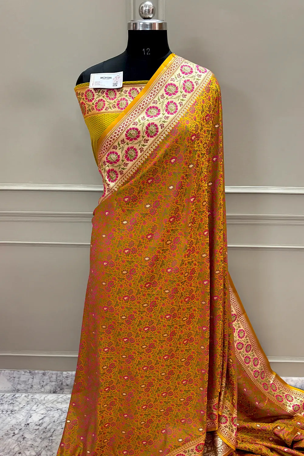 Mustard and Rani Jungli Jaal Katan Silk Banarasi Saree