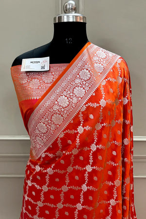 Orange Qaidi Buti Katan Silk Banarasi Saree