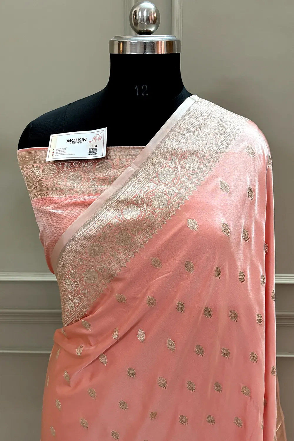 Peachy Pink Flying Buti Katan Silk Banarasi Saree