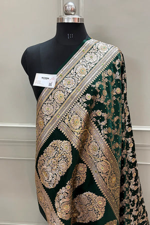 Bottle Green Moglai Jaal Stone Work Katan Banarasi Saree