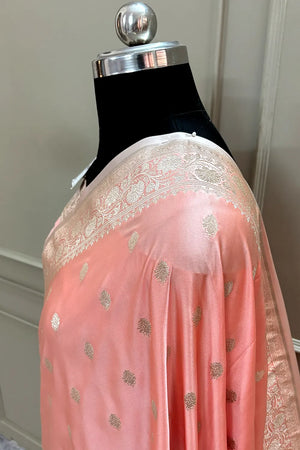 Peachy Pink Flying Buti Katan Silk Banarasi Saree