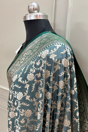 Teal Gulabi Jaal Katan Silk Banarasi Saree