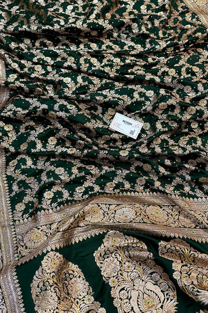 Bottle Green Moglai Jaal Stone Work Katan Banarasi Saree