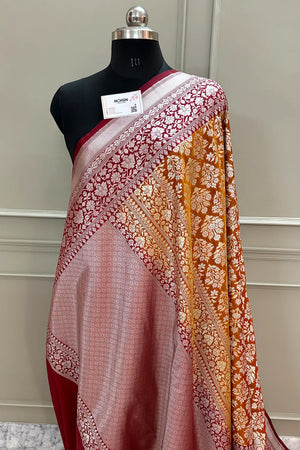 Mustard and Maroon Temple Buta Katan Silk Banarasi Saree