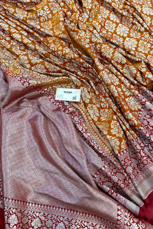 Mustard and Maroon Temple Buta Katan Silk Banarasi Saree