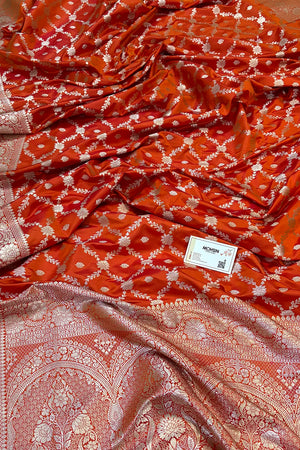 Orange Qaidi Buti Katan Silk Banarasi Saree