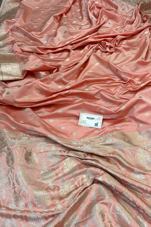 Peachy Pink Flying Buti Katan Silk Banarasi Saree