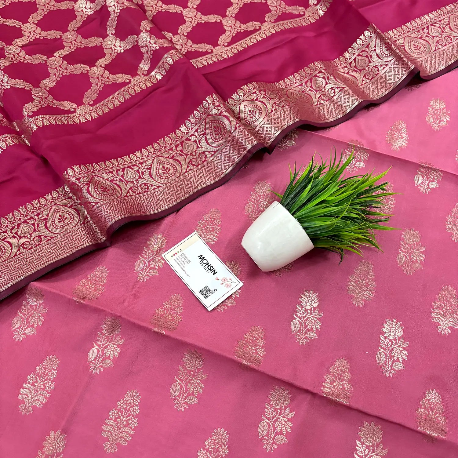 Baby Pink and Pink Phooldaan Buti Satin Silk Banarasi Suit
