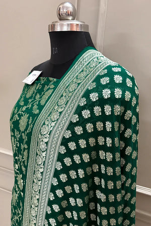 Bottle Green Golden Zari Georgette Silk Banarasi Suit