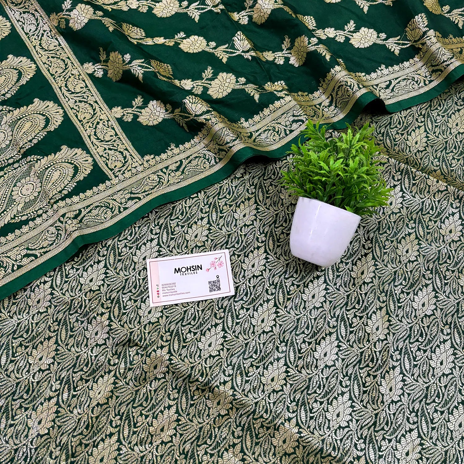 Bottle Green Golden Zari Katan Silk Banarasi Suit
