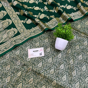 Bottle Green Golden Zari Katan Silk Banarasi Suit