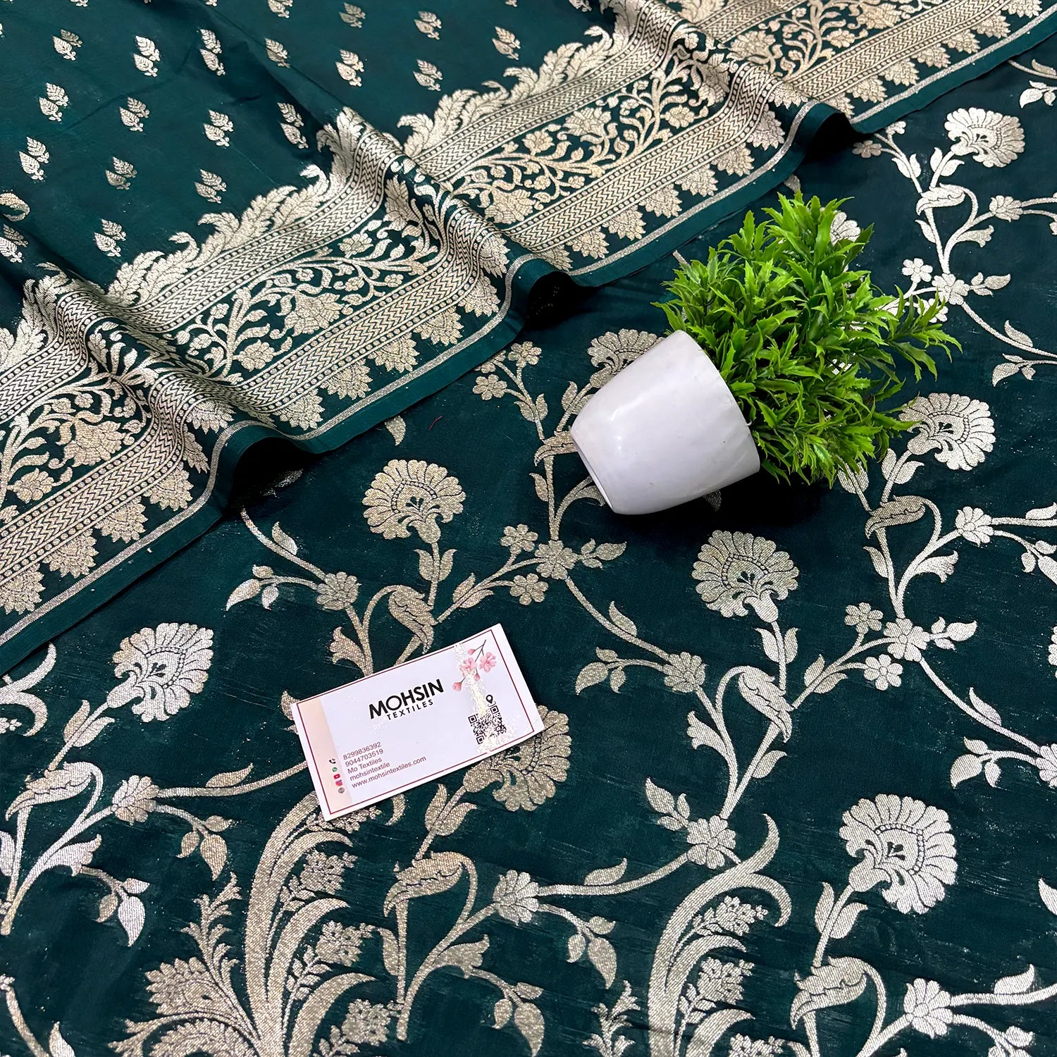 Bottle Green Golden Zari Katan Silk Banarasi Suit
