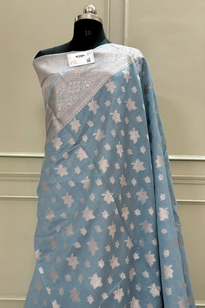 Grey Daab Buti Chanderi Silk Banarasi Saree