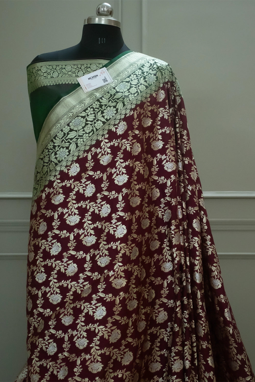 Maroon and Green Maharani Jaal Crepe Silk Banarasi Saree