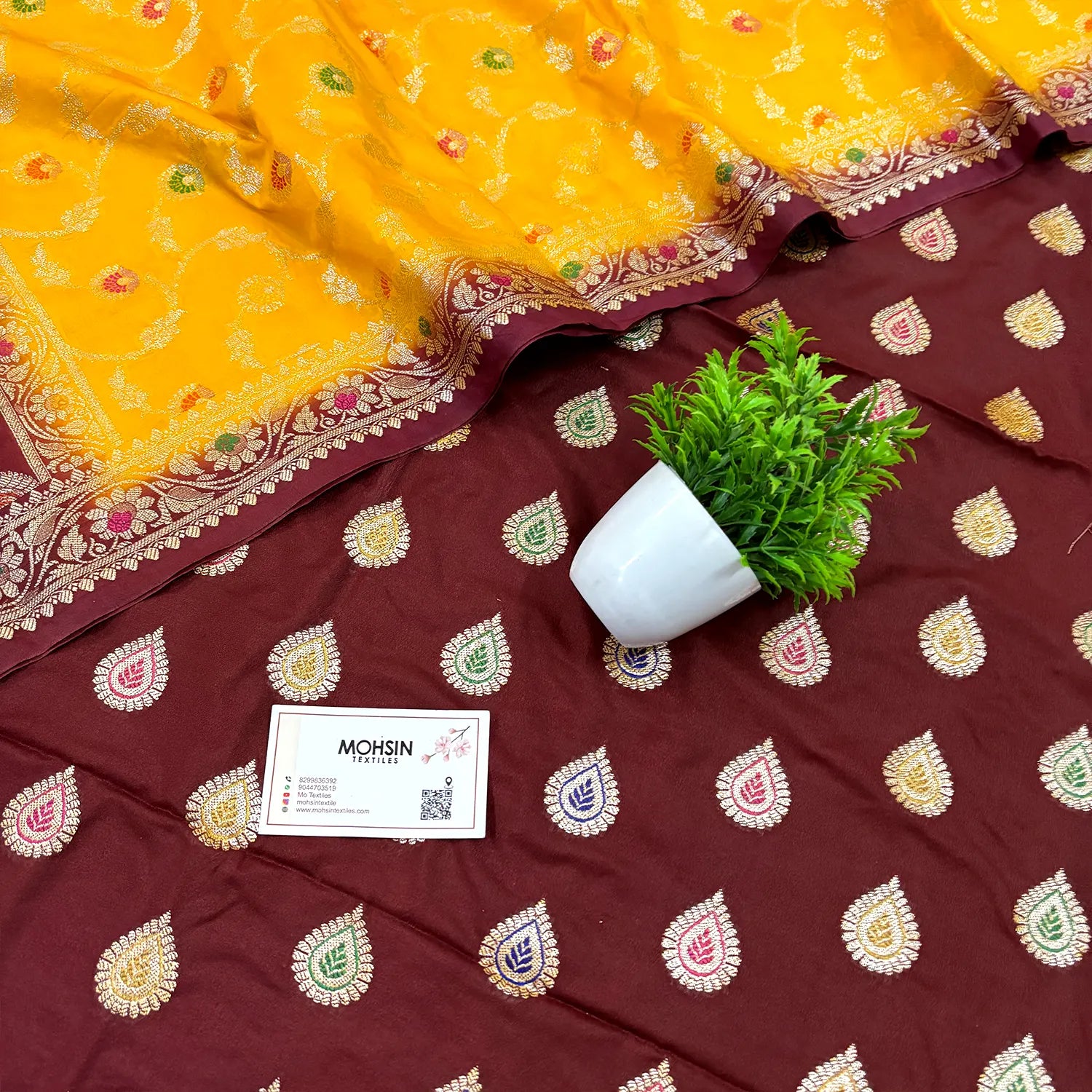 Maroon and Yellow Golden Zari Katan Silk Banarasi Suit