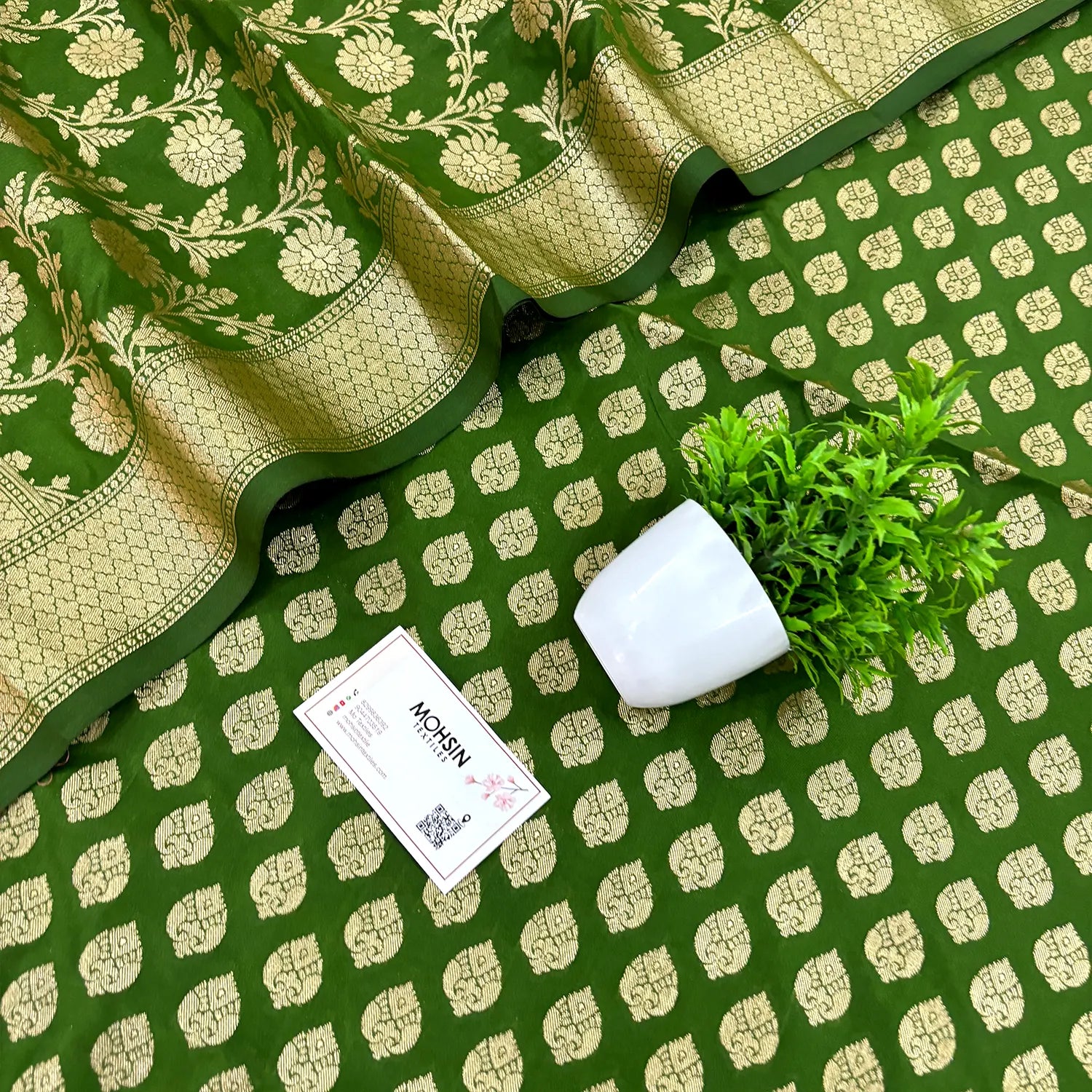 Mehendi Gumbad Buti Katan Silk Banarasi Suit