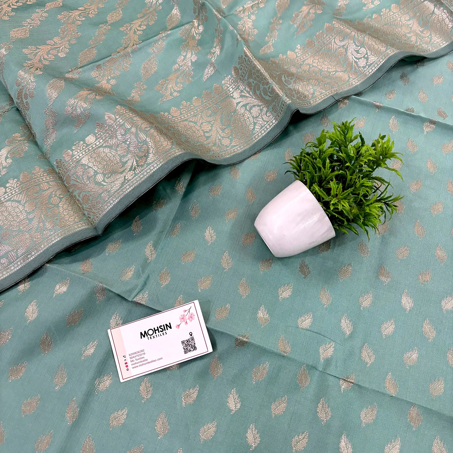 Mint Green Sunehri Pankh Satin Silk Banarasi Suit