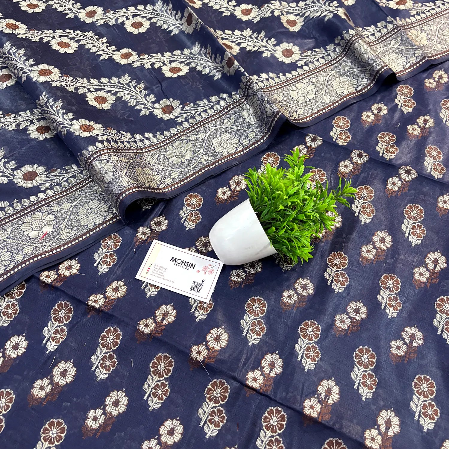 Navy Blue Fan Flower Banarasi Silk Suit