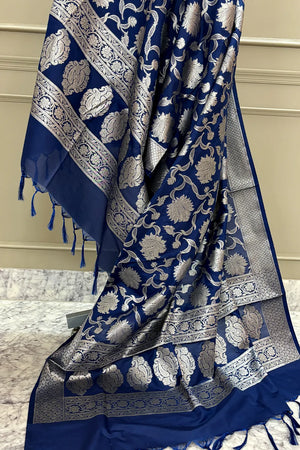 Navy Blue Golden Zari Katan Silk Banarasi Dupatta