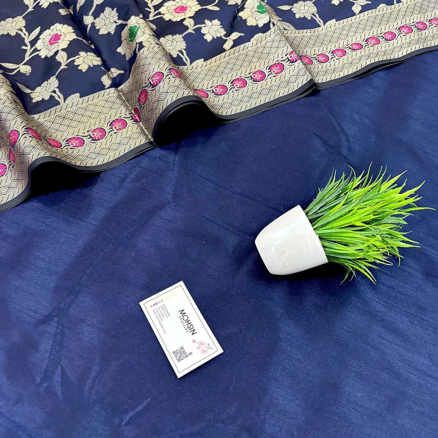 Navy Blue Plain Dupion Silk Banarasi Suit