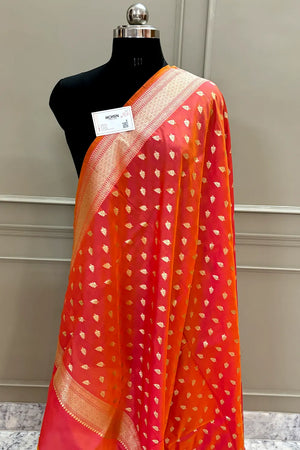 Orange Golden Zari Katan Silk Banarasi Dupatta