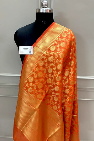 Orange Golden Zari Katan Silk Banarasi Dupatta