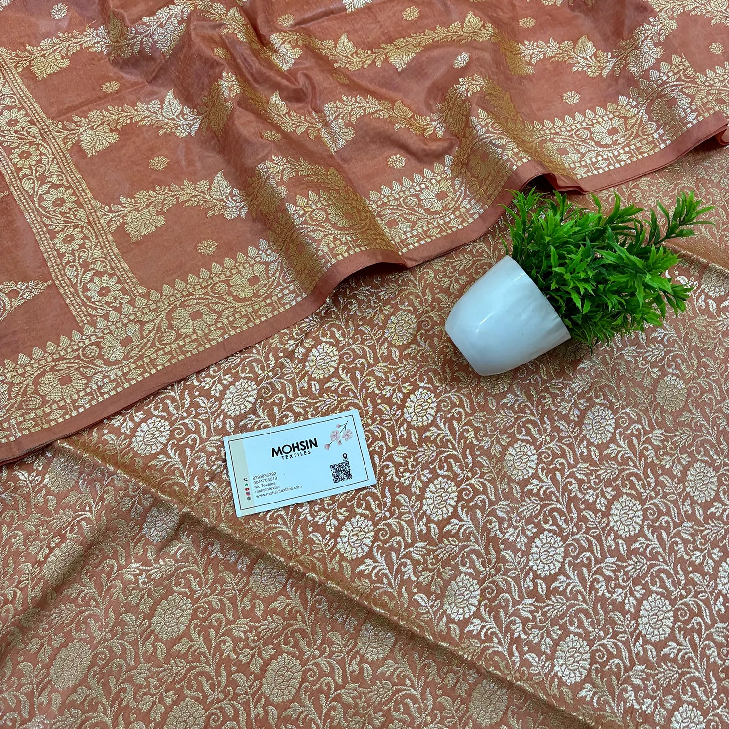 Peach Golden Zari Katan Silk Banarasi Suit