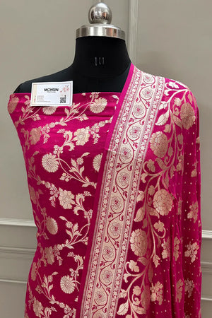Pink Golden Zari Pure Georgette Silk Banarasi Suit