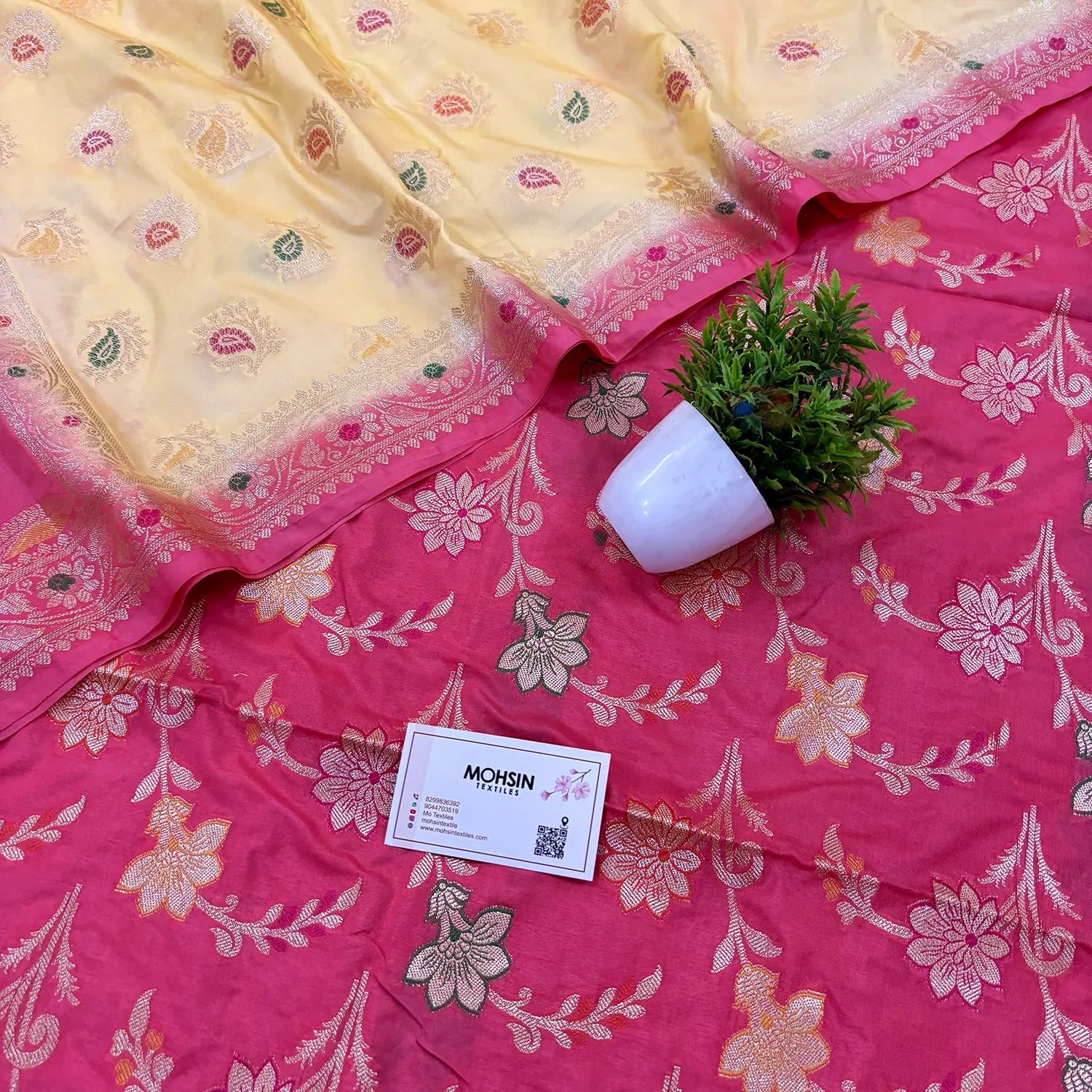 Pink and Cream Golden Zari Katan Silk Banarasi Saree