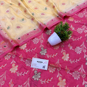 Pink and Cream Golden Zari Katan Silk Banarasi Saree