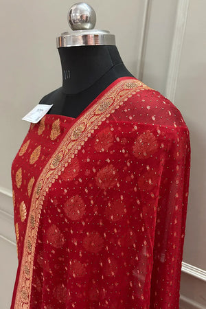 Red Golden Zari Siroski Stone Pure Georgette Silk Banarasi Suit