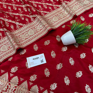 Red Madiyan Buti Satin Silk Banarasi Suit