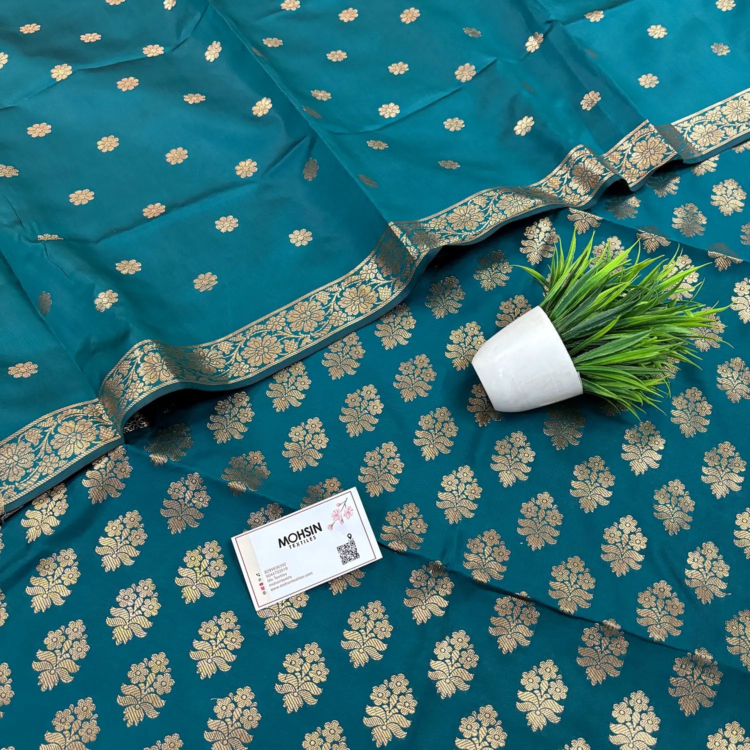 Teal Tri Phool Satin Silk Banarasi Suit