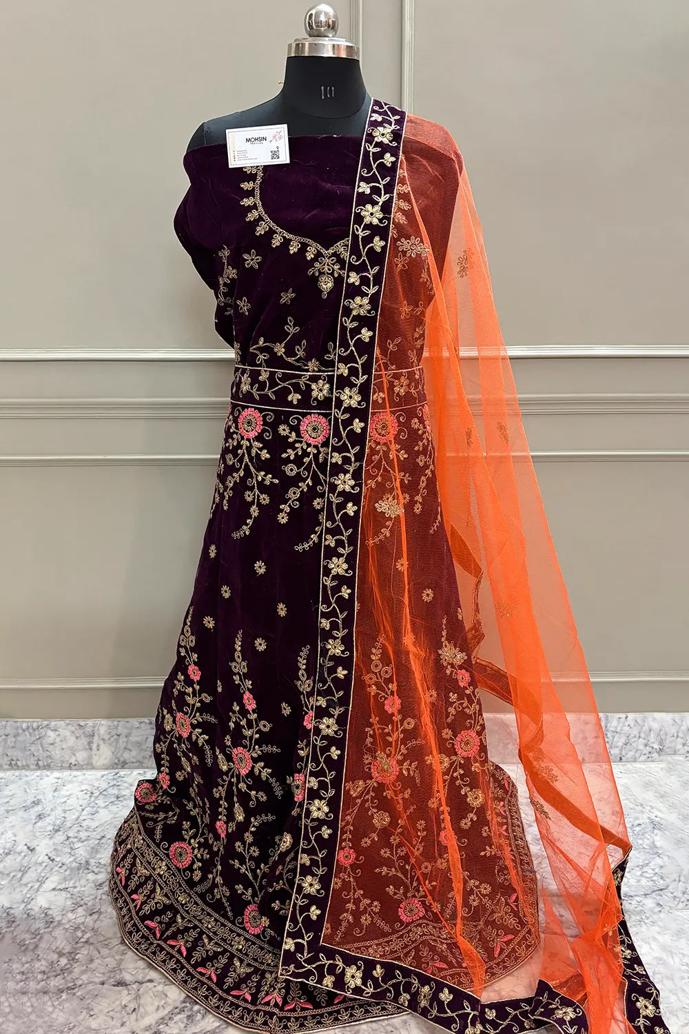 Wine and Orange Zariwork Semi Stitched Velvet Lahenga