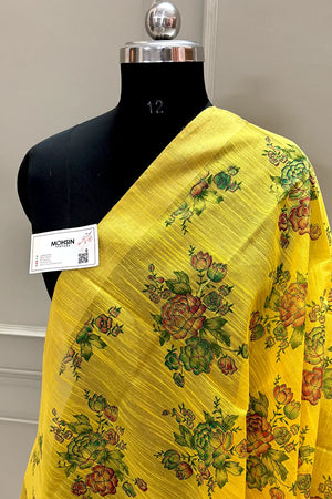 Yellow Printed Dupion Silk Banarasi Dupatta