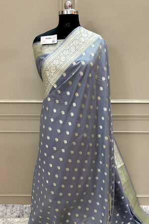 Grey Ghonga Buti Katan Silk Banarasi Saree