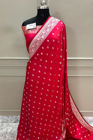 Pinkish Red Flying Buti Katan Silk Banarasi Saree