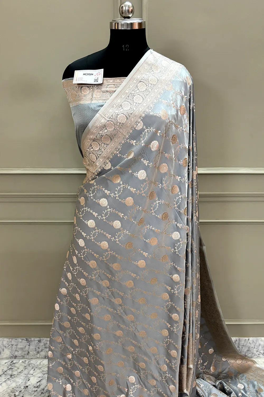 Silver Grey Ropeway Jaal Katan Silk Banarasi Saree