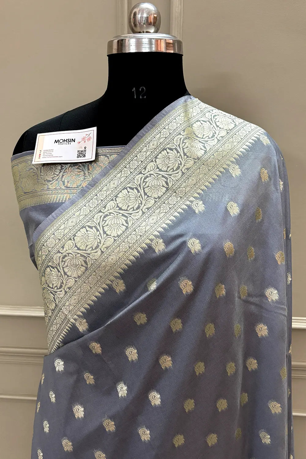 Grey Ghonga Buti Katan Silk Banarasi Saree