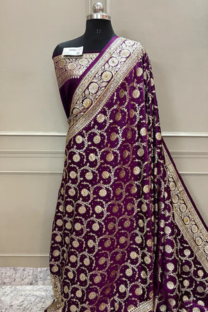 Purple Murmuri Jaal Stone Katan Silk Banarasi Saree