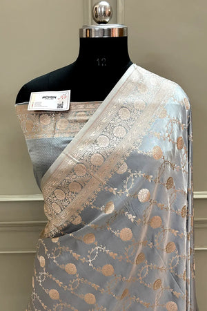 Silver Grey Ropeway Jaal Katan Silk Banarasi Saree