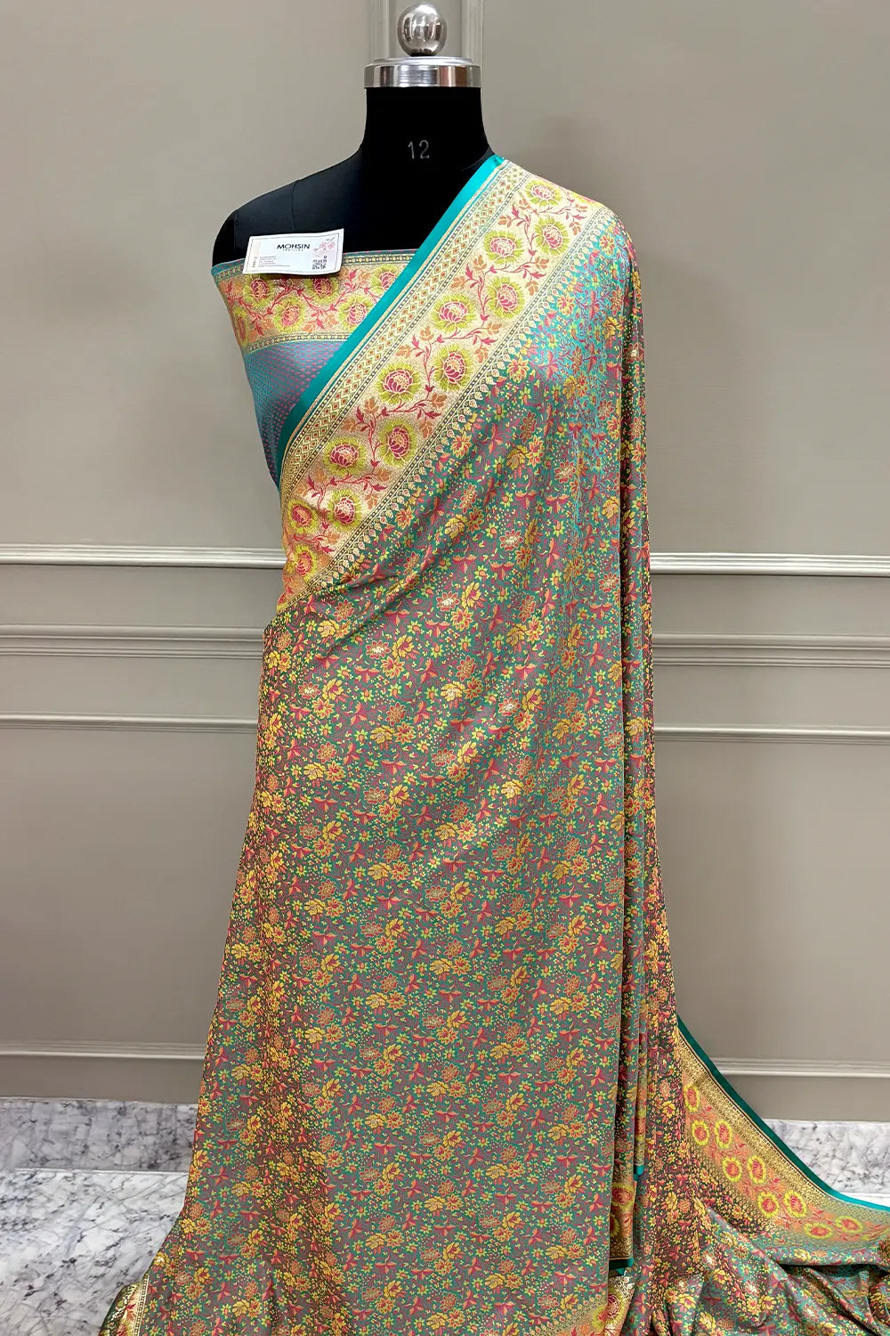 Turquoise and Grey Jungli Jaal Katan Silk Banarasi Saree