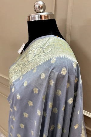 Grey Ghonga Buti Katan Silk Banarasi Saree
