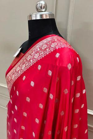 Pinkish Red Flying Buti Katan Silk Banarasi Saree